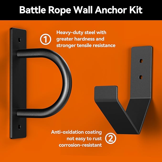 Battle Rope Wall Anchor Kit, Heavy Duty Steel Wall Anchor with Training Rope Organiser, Fitness Rope Wall Mount, Black