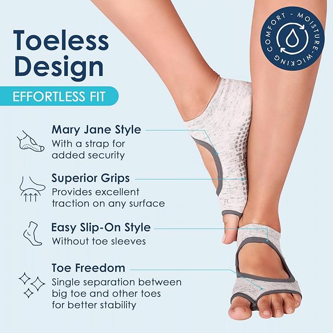 Tucketts Toeless Pilates Socks with Grips for Women, Non-Slip Yoga & Barre Socks for Stability & Barefoot Workouts, Size 6-13