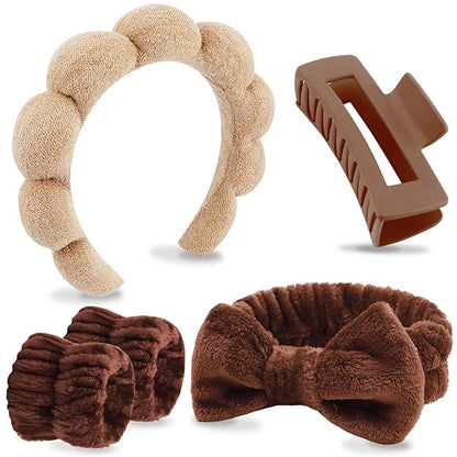 VELSCRUN Spa Headbands for Wash Face, Makeup Headband, Facial Skincare Headbands, 5 Pcs Dark Brown Puffy Sponge Spa Headband Bow Tie Hair Band Hair Clips Wristband Set Women Girls Accessories