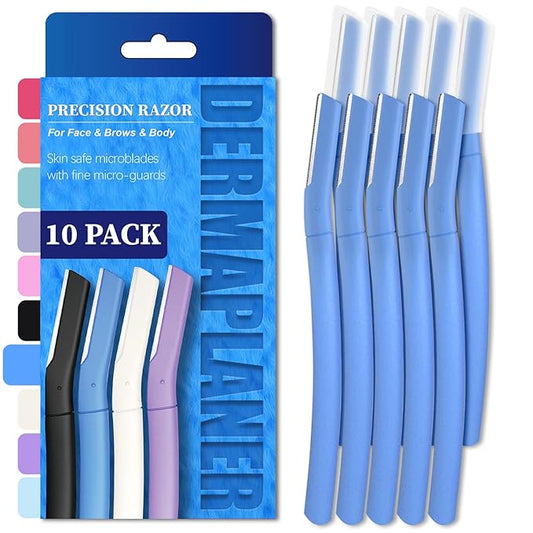 Precision Dermaplane Razor, Face Razors for Women and Men, Eyebrow Razor, Dermaplaning Tool, Peach Fuzz Remover, Skin-friendly Microblades with Protective Cap, 10 Count (Navy)
