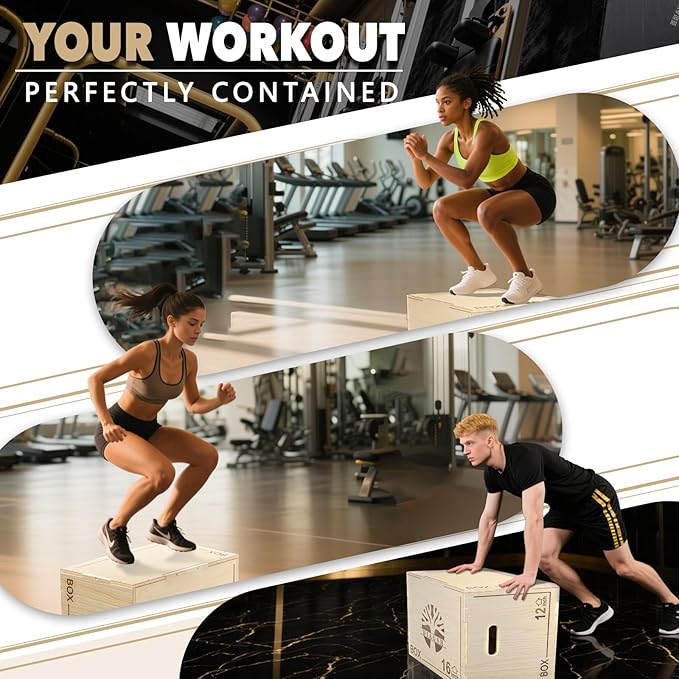 Plyo Box - 3-in-1 Wood Plyometric Jump Platform (20"x16"x12") for Home Gym Training - Ideal for Jumps, Squats & Conditioning-1 Piece