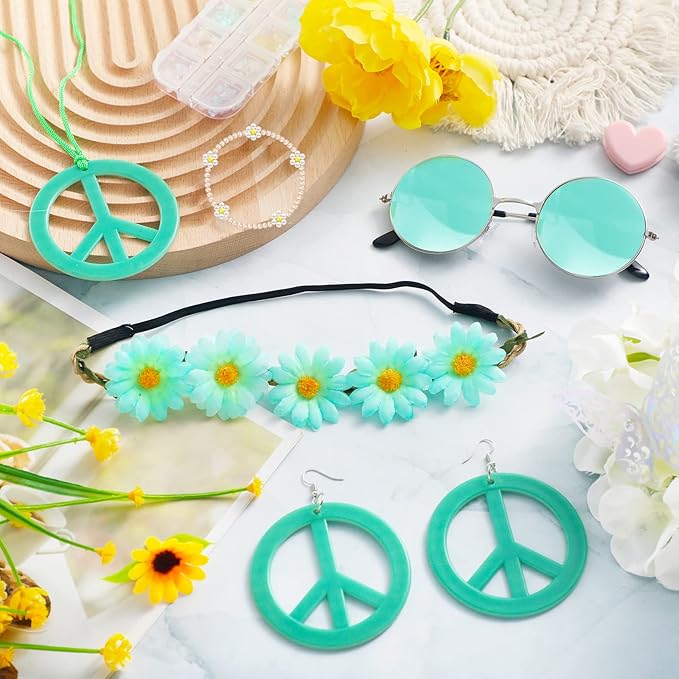 Batiyeer 6 Pcs Hippie Costume Accessories Set, Boho Peace Sign Daisy Flower 60s 70s Party Favors Decor for Groovy Party Women