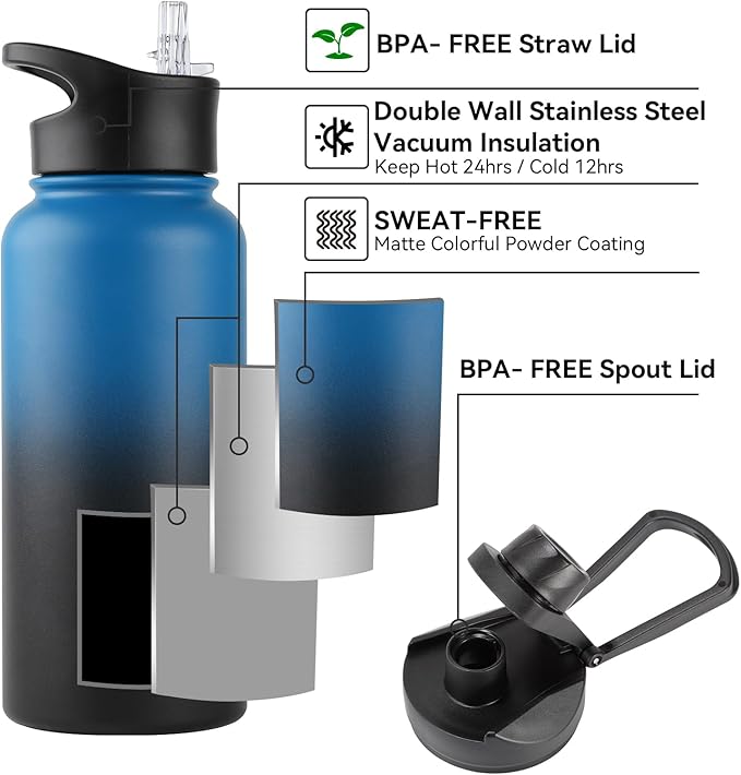 32 Oz Insulated Water Bottle Bulk 4 Pack, Stainless Steel Sports Water Bottles with Straw Lid & Wide Mouth Lids, Double Walled Vacuum, Leak Proof, Blue Black Gradient