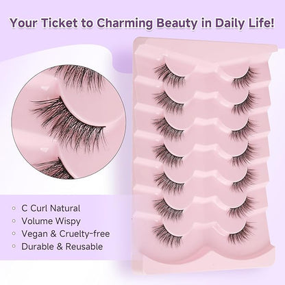 Half Eyelashes Natural Look False Eyelashes Half Lashes Cat Eye 14mm Wispy Lash Strips with Thin Band 3D Volume False Lashes Soft C Curl Natural Eyelash Fake Lash 7 Pair EVENTILL