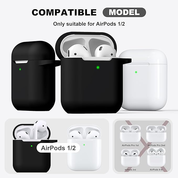 R-fun Compatible with AirPods Case Cover, Soft Silicone Protective Cover with Keychain for Women Men Compatible with Apple AirPods 2nd 1st Generation Charging Case, Front LED Visible,Black