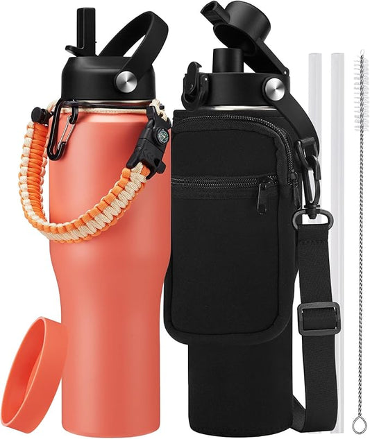 32 oz Stainless Steel Water Bottle - Keep Cold-48 Hrs, Hot-24 Hrs, Leak Proof Vacuum Insulated Water Bottle with Straw, Spout Lid, Carrier Bag, Travel Coffee Tumbler Fits in Car Cup Holder