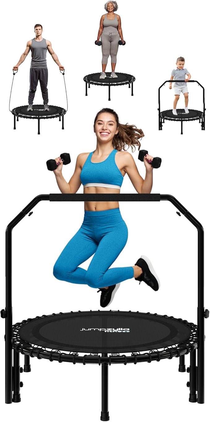 Jumpzylla Fitness Trampoline 40" or 48" | Foldable Mini Rebounder Trampoline for Adults with Bar | Durable, Quiet, Low-Impact Exercise Equipment for Indoor and Home Workouts (550 LBS Capacity)