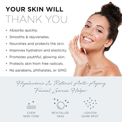Azure Dermatologist Tested Hyaluronic & Retinol Face Serum - K Beauty Anti-Aging Formula for Dark Spots & Wrinkle Care - Korean Skincare, Moisturizing Complex for Glowing Skin - 1.69 fl oz