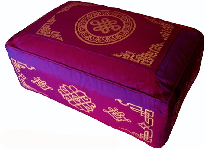 Meditation Cushion - Rectangular Zafu Buckwheat and Kapok Fill Eternal Knot Dharma Key Magenta