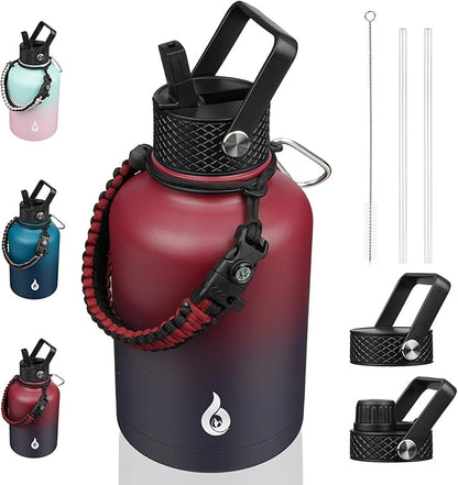 BJPKPK Insulated Water Bottles with Straw Lid, 50oz, 64oz, 87oz, 128oz Large Water Bottle with 3 Lids and Paracord Handle, Stainless Steel Metal Water Bottle, Insulated Water Jug,Charming Red