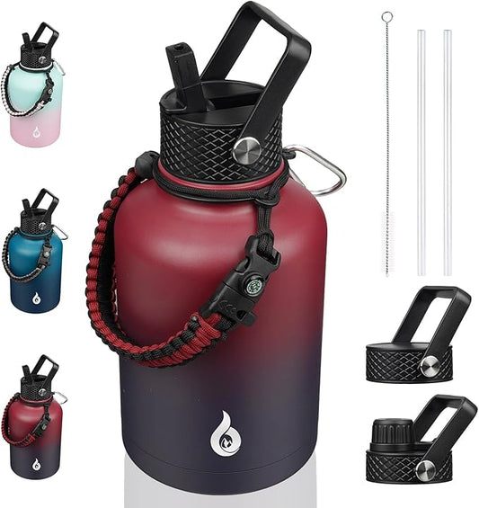 BJPKPK Insulated Water Bottles with Straw Lid, 50oz, 64oz, 87oz, 128oz Large Water Bottle with 3 Lids and Paracord Handle, Stainless Steel Metal Water Bottle, Insulated Water Jug,Charming Red