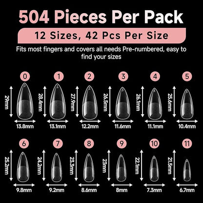 Long Almond Nail Tips: 504pcs Full Cover Soft Gel Nail Tips, 12 Sizes Pre-Etched Half Matte Almond Press on Nails No C Curve For Nail Extensions Home Salon