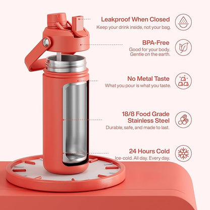 Insulated Water Bottle with Straw Stainless Steel Water Bottle, Leak-Proof, BPA-Free, Double Wall Vacuum Keeps Cold for 24 Hours for Sports, Travel, School (18 oz, Tawny Orange)