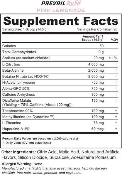 Cutler Nutrition High Stim Pre Workout Powder Prevail Rush Preworkout for Men & Women for Intense Pumps Energy and Focus with Caffeine NO3T Betaine and Dynamine | Pink Lemonade (20 Servings)