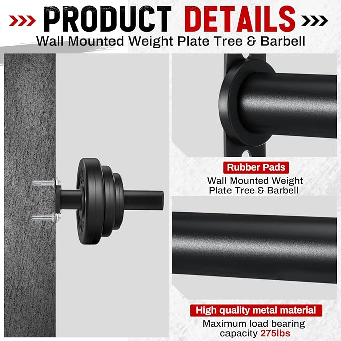 Shimeyao 4 Pack Wall Mounted Weight Plate Holder for 2" Weight Plate and 1 Pack 2 Hooks Barbell Hanger, Vertical Barbell Mount Rack for Garage Home Gym Organizer Accessory