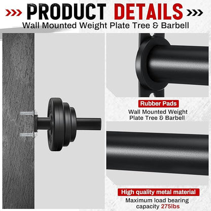Shimeyao 4 Pack Wall Mounted Weight Plate Holder for 2" Weight Plate and 1 Pack 2 Hooks Barbell Hanger, Vertical Barbell Mount Rack for Garage Home Gym Organizer Accessory