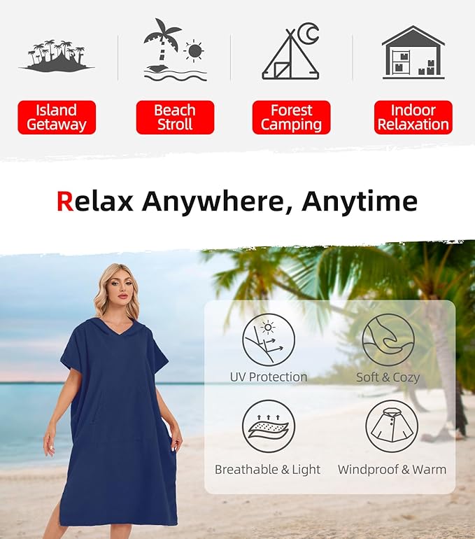Abahub Surf Poncho Men & Women Towel Poncho Adult with Hood, Thick Quick Dry Changing Poncho Towel, Microfiber Wearable Cover Up for Surfing Beach Swim - Absorbent Changing Towel L (Navy Blue)