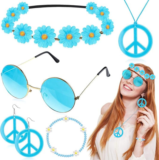 Batiyeer 6 Pcs Hippie Costume Accessories Set, Boho Peace Sign Daisy Flower 60s 70s Party Favors Decor for Groovy Party Women