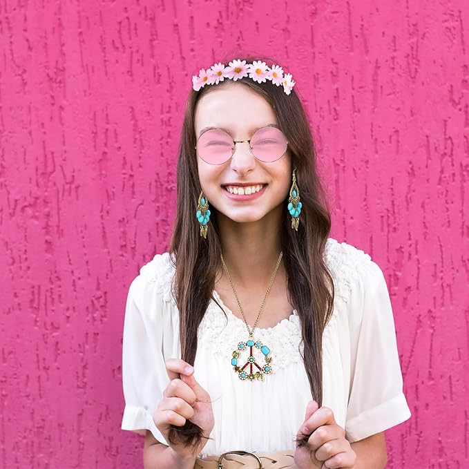 Hicarer Hippie Costume Accessories Include Sunglasses, Peace Sign Necklace, Boho Headband and Earring for 60s 70s Party