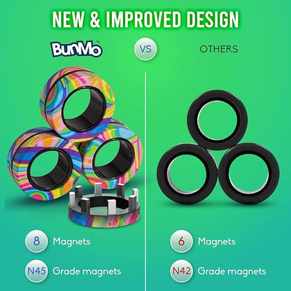 BunMo Magnetic Rings Multicolored – Improved N45 Grade Magnets, BPA-Free, Compact & Quiet Fidget Toy for Adults & Teens, Portable Handheld Toy for Office, School, & Travel