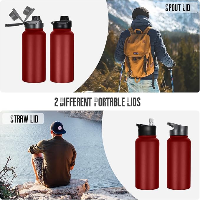 32 oz Insulated Water Bottle Bulk 8 Pack, Stainless Steel Sports Water Bottles with Straw Lid & Wide Mouth Lids, Double Walled Vacuum, Leak Proof, Red