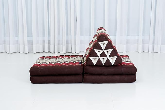 Leewadee Comfortable Japanese Floor Mattress - Thai Floor Bed with Triangle Cushion - Futon Mattress - XL Extra Long Thai Massage Mat, 89 x 20 inches, Brown Red, Kapok Filling