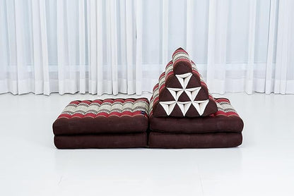Leewadee Comfortable Japanese Floor Mattress - Thai Floor Bed with Triangle Cushion - Futon Mattress - XL Extra Long Thai Massage Mat, 89 x 20 inches, Brown Red, Kapok Filling