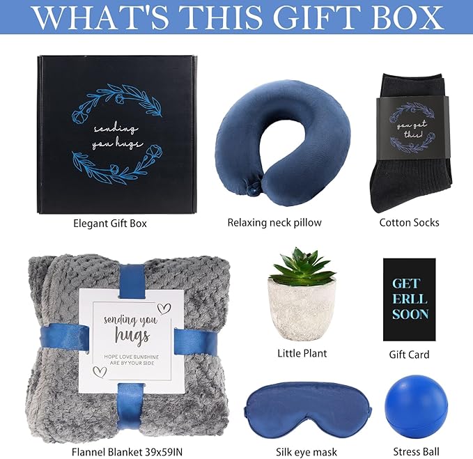 Get Well Gifts For Men,Care Package For Men With Cozy Blanket|Memory Foam Pillow|Stress Ball|Socks|Eye Mask|Thinking Of You Greeting Card|Little Plant,Get Well Soon Gift Basket for Dad|Husband|Brother
