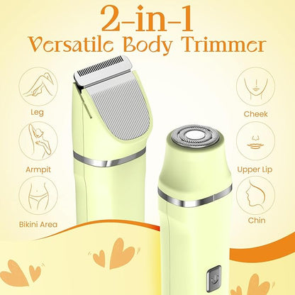 Womens Razors for Shaving - Wet/Dry 2-in-1 Beauty Dermave Bikini Shaver with Body&Facial Hair Heads, Cordless IPX7 Waterproof Trimmer for Pubic Hair&Sensitive Skin, Tiktok Trend Items (Yellow)
