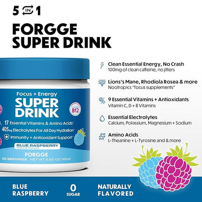Forgge Healthy Energy Drink Mix - Clean Caffeine + B12, B6, C & D Vitamins - Sugar Free Energy Drink Powder with Electrolytes, Amino Acids, Antioxidants, Lions Mane - Vegan, Keto-Friendly - 30 SVG, Blue Raspberry