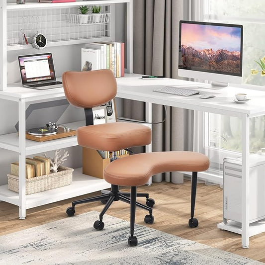 Meditation Chair, Cross Legged ADHD Office Chair for Adults with Wheels Ergonomic Back Support and Leg Rest for Multi Position Criss Cross Sitting Kneeling and Yoga Height Adjustable, Leather Style