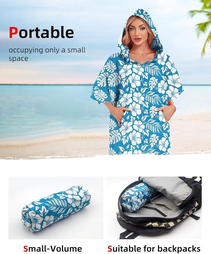 Abahub Surf Poncho Men & Women Towel Poncho Adult with Hood, Thick Quick Dry Changing Poncho Towel, Microfiber Wearable Cover Up for Surfing Beach Swim - Absorbent Changing Towel L (Blue Flower)