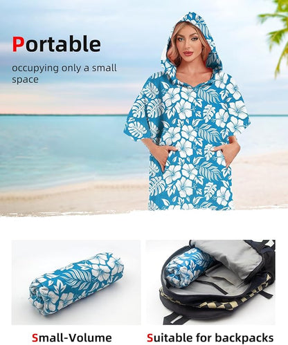 Abahub Surf Poncho Men & Women Towel Poncho Adult with Hood, Thick Quick Dry Changing Poncho Towel, Microfiber Wearable Cover Up for Surfing Beach Swim - Absorbent Changing Towel L (Blue Flower)