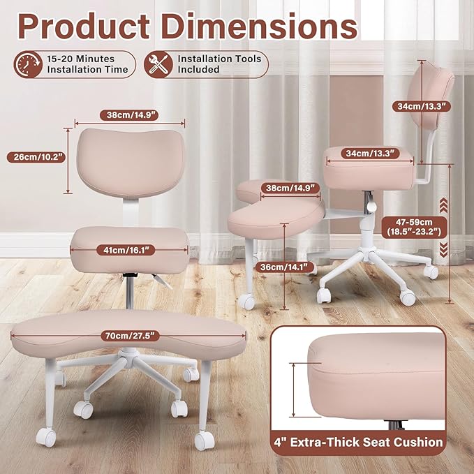 Meditation Chair, Cross Legged ADHD Office Chair for Adults with Wheels Ergonomic Back Support and Leg Rest for Multi Position Criss Cross Sitting Kneeling and Yoga Height Adjustable, Leather Style