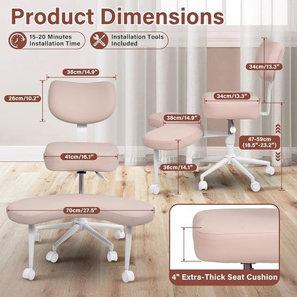 Meditation Chair, Cross Legged ADHD Office Chair for Adults with Wheels Ergonomic Back Support and Leg Rest for Multi Position Criss Cross Sitting Kneeling and Yoga Height Adjustable, Leather Style