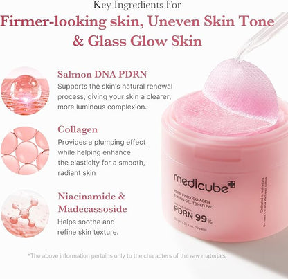 medicube Salmon DNA PDRN Pink Collagen Jelly Pad | Korean Gel Toner Pads with Niacinamide, Madecassoside, Retinol | Soothing, Radiance & Uneven Skin Tone | Korean Skin Care | 70Pads