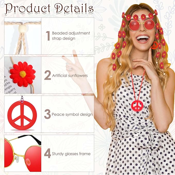6 Pcs Hippie Costume Accessories Set, Flower Hippie Headband Boho Peace Sign Necklace Earrings Sunglasses Bracelet