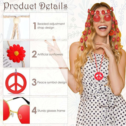 6 Pcs Hippie Costume Accessories Set, Flower Hippie Headband Boho Peace Sign Necklace Earrings Sunglasses Bracelet