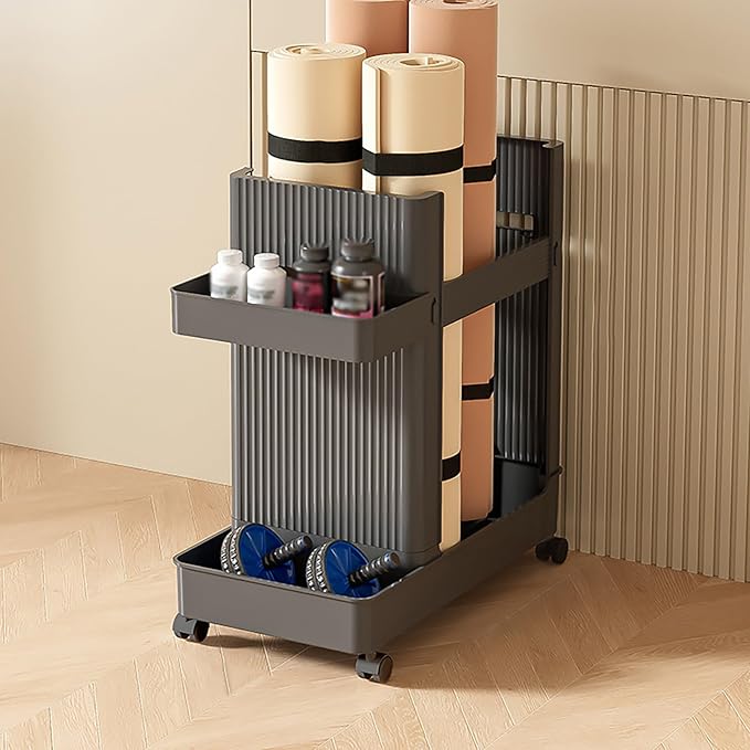 Yoga Mat Storage Rack with Wheels, Weight Cart Stand Small Gym Racks Yoga Racks, Storage Organizer Home Gym Equipment for Homes, Gyms, Schools (Grey)