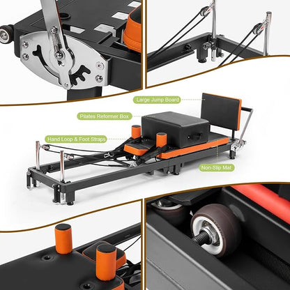 Pilates Reformer,Foldable Pilates Machine for Home Use and Gym Workout,Suitable for Advanced and Beginners Users ,Pilates Equipment with 4 Springs&5 Resistance Cords