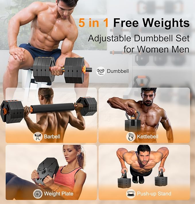 Adjustable Dumbbells 20/30/40/60lbs Free Weight Set with Connector, 5 in 1 Dumbbells Set Used as Barbell, Kettlebells, Weightlift, Push Up Stand, Weight Plate, Women Men Fitness Exercises Equipmentfor Home Gym