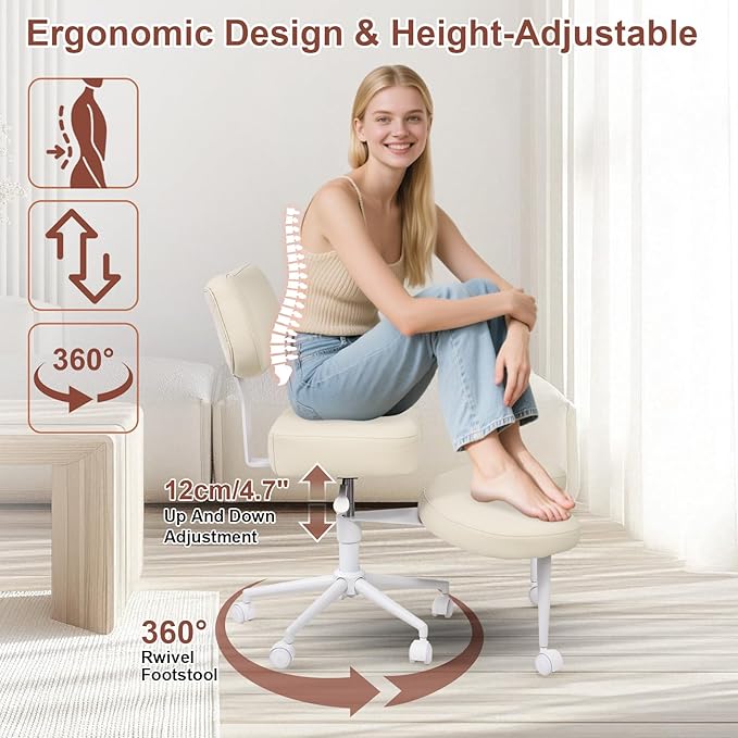 Meditation Chair, Cross Legged ADHD Office Chair for Adults with Wheels Ergonomic Back Support and Leg Rest for Multi Position Criss Cross Sitting Kneeling and Yoga Height Adjustable, Leather Style