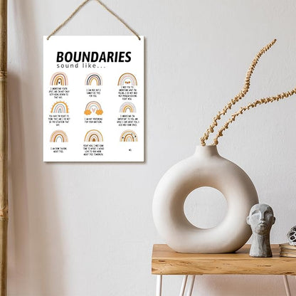 Hanging Plaque With Rope, Home Wall Decor Wood Boundaries Sign, Door Decor Mental Health Rainbow Wood Sign for Study Dining Room Psychological Counseling Office Bedroom, Farmhouse Art Plaque Gift -25
