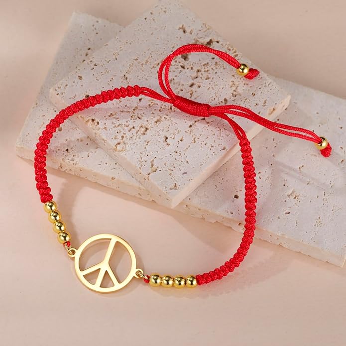 LIKGREAT Peace Sign Pendant Bracelet for Women Peace Symbol Adjustable Handmade Braided Wax Cords Beaded Bracelet