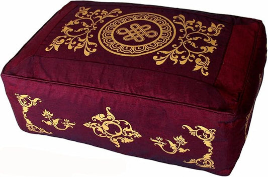 Meditation Cushion - Rectangular Zafu Buckwheat and Kapok Fill Eternal Knot Celestial Vine Burgundy
