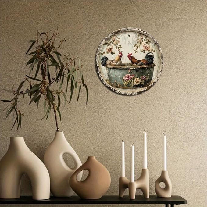 1pc Vintage Round Bathroom Aluminum Metal Decor Sign, 8x8 Inch, Chicken Themed Wreath, Use Without Electricity, No Feathers, with for Home, Living Room Wall Decoration