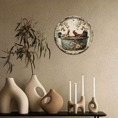 1pc Vintage Round Bathroom Aluminum Metal Decor Sign, 8x8 Inch, Chicken Themed Wreath, Use Without Electricity, No Feathers, with for Home, Living Room Wall Decoration