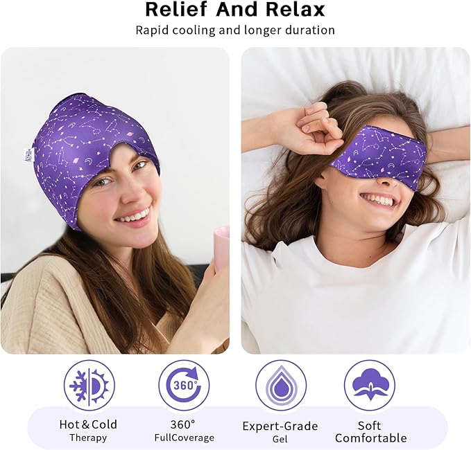 Migraine Relief Cap, Gel Cooling Eye Mask 2 Pack Set, Headache Relief with Hot/Cold Ice Cap, Instant Headache Relief, Reusable Ice Pack for Stress Relief Migraine Mask