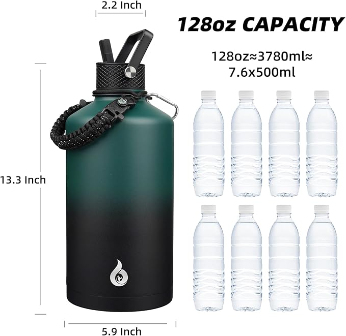 BJPKPK 1 Gallon Water Bottle with Straw Lid, 50oz, 64oz, 87oz, 128oz Large, Stainless Steel Water Bottles with 3 Lids and Paracord Handle, Double Wall Vacuum Metal Water Jug, Army Green & Black