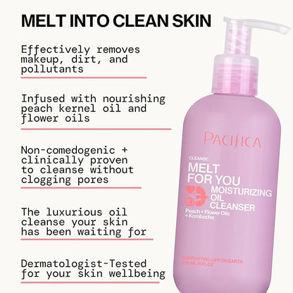 Pacifica Melt For You Facial Cleansing Oil – Hydrating Daily Face Wash & Makeup Remover Oil Cleanser for All Skin Types, Gentle Non-Comedogenic, Vegan, Clean Beauty, Dermatologist Tested 8 fl oz